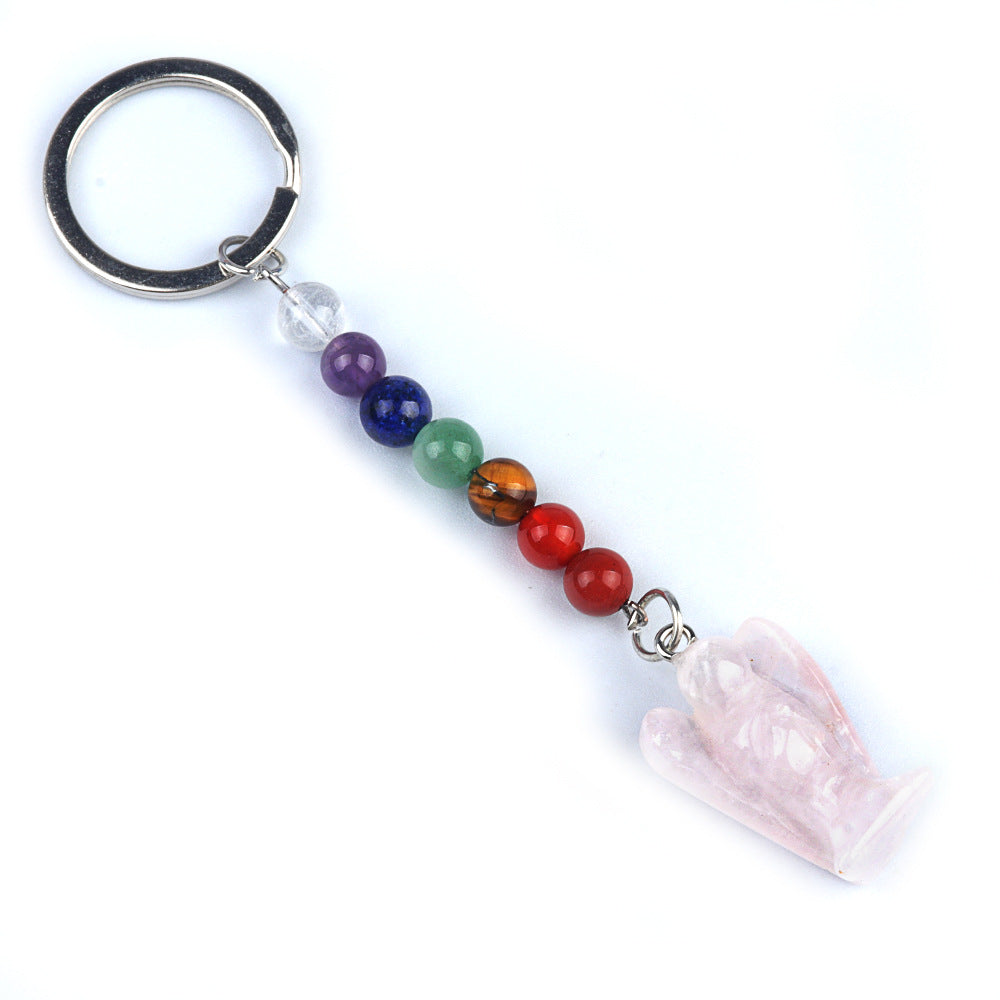 1715-Chakra Angel Keychain Natural Semi-precious Stone Carved Angel Keychain Guardian Angel Pendant