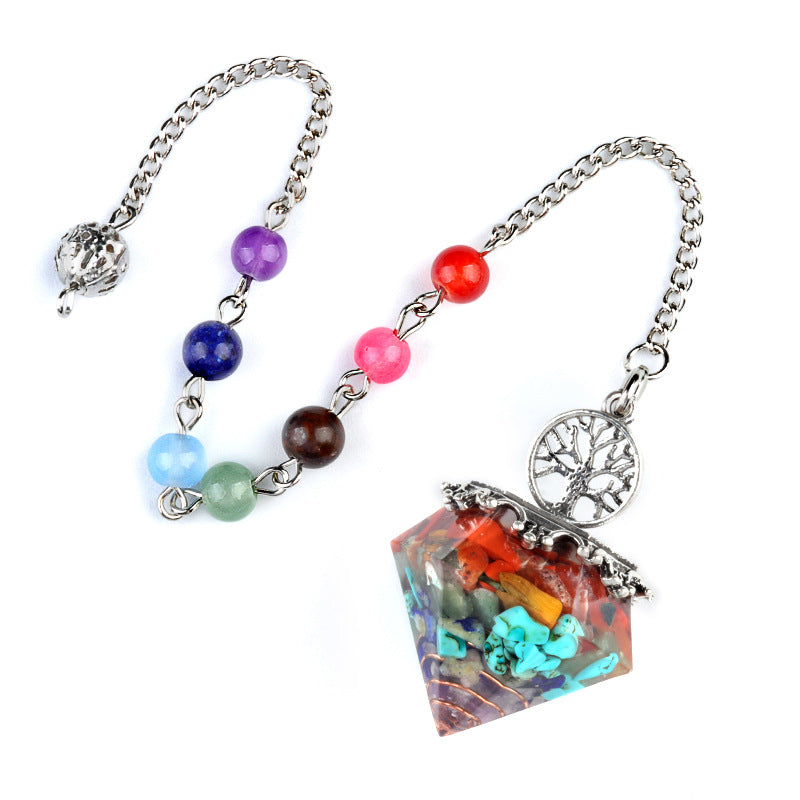 1973 - Natural Crystal Semi-Precious Stone Chip Resin Diamond Pendulum Pendant with Chakra Multicolor Bead Chain Jewelry