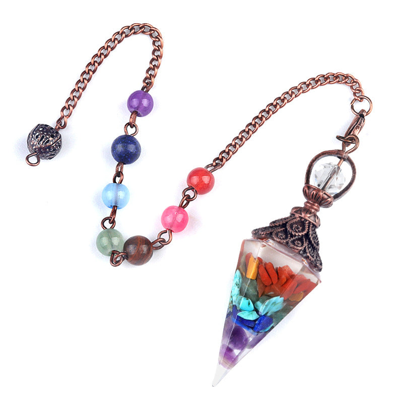 1970 – Natural Semi-precious Stone Chips Resin Hexagonal Prism Pendulum Pendant with Chakra Rainbow Bead Chain Pendant