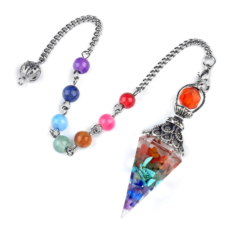 1971 - Natural Semi-Precious Stone Chip Resin Hexagonal Prism Pendulum Pendant Chakra Rainbow Bead Chain Pendant