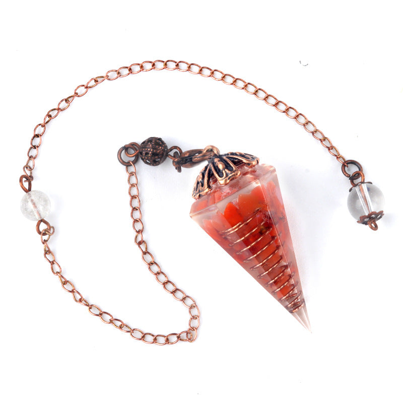 1697 - Rainbow Crystal Pendulum with Antique Copper Flower Base, Natural Stone Resin Spring Hexagonal Prism Pendulum