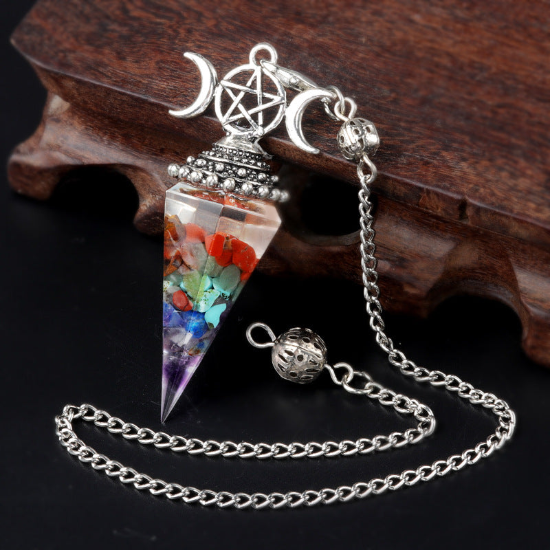 1690 - Three-Phase Moon Rainbow Stone Resin Crystal Gem Six-Sided Pendulum Chakra Pendant Cross-Border Jewelry