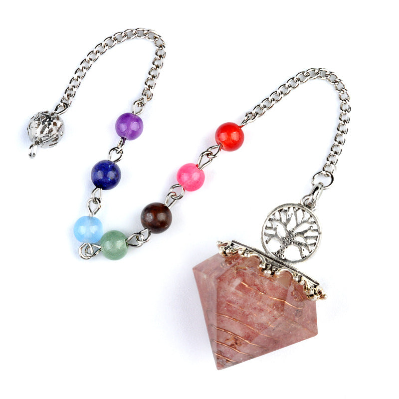 1973 - Natural Crystal Semi-Precious Stone Chip Resin Diamond Pendulum Pendant with Chakra Multicolor Bead Chain Jewelry