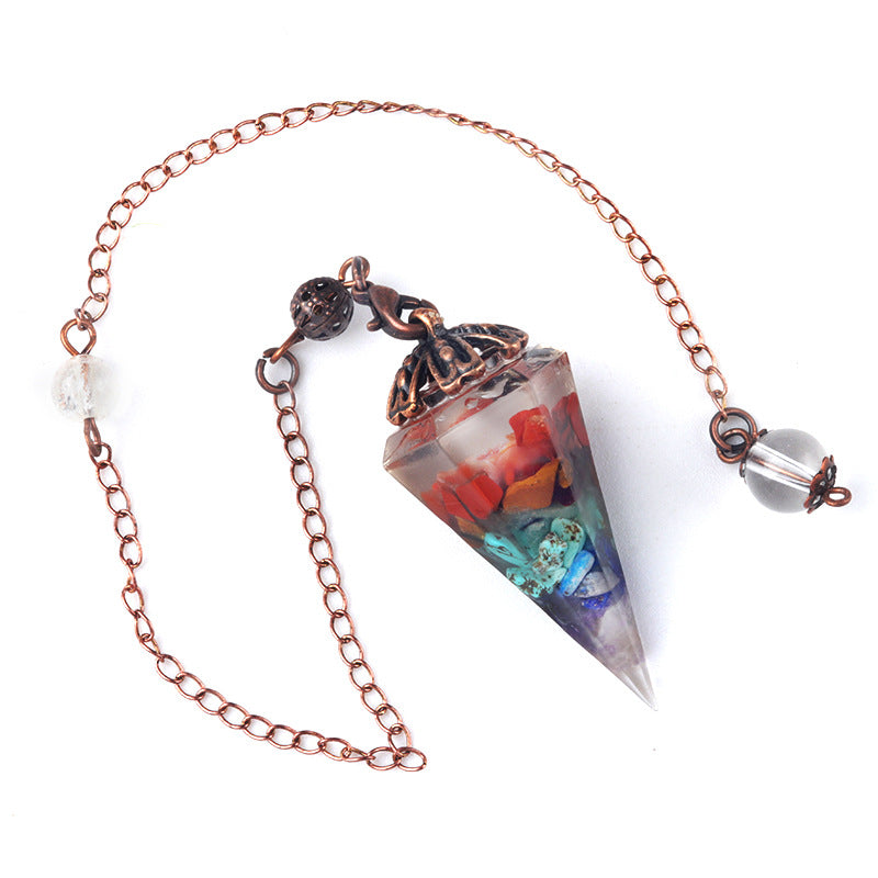 1697 - Rainbow Crystal Pendulum with Antique Copper Flower Base, Natural Stone Resin Spring Hexagonal Prism Pendulum