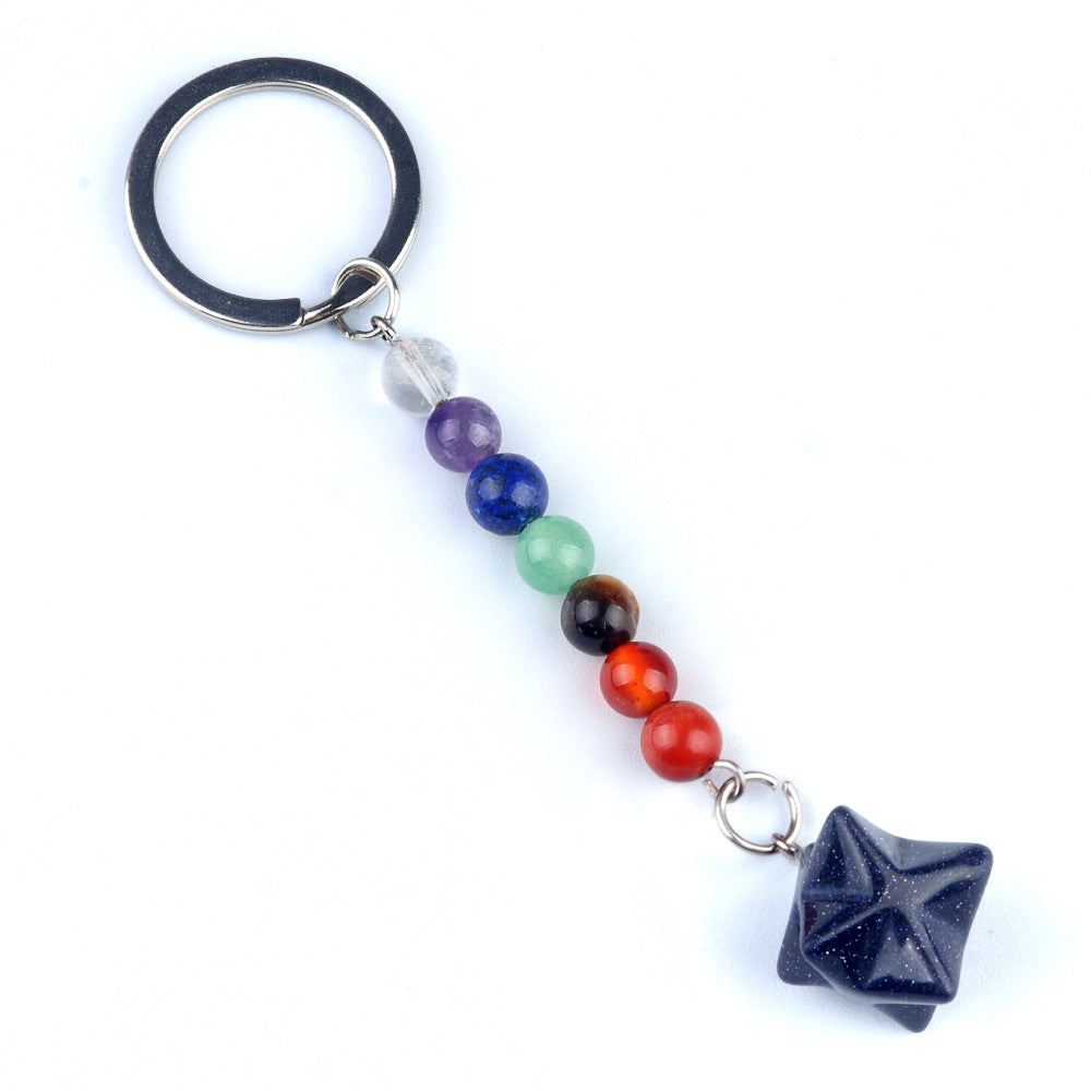 1937-Natural crystal agate colorful stone Kaba star keychain Merkaba star three-dimensional six-pointed star pendant