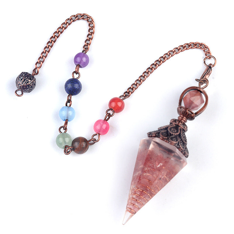 1970 – Natural Semi-precious Stone Chips Resin Hexagonal Prism Pendulum Pendant with Chakra Rainbow Bead Chain Pendant