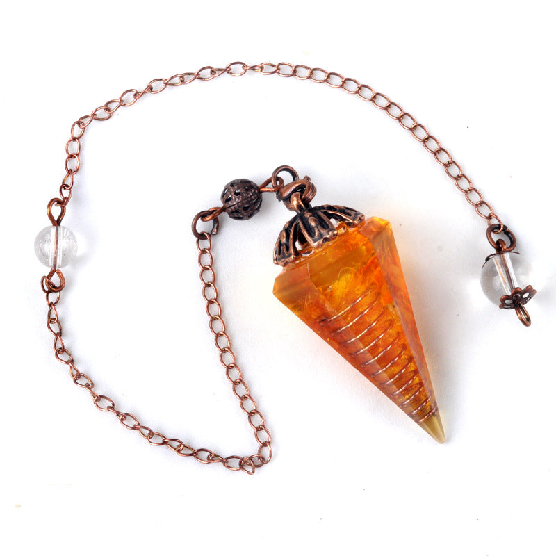 1697 - Rainbow Crystal Pendulum with Antique Copper Flower Base, Natural Stone Resin Spring Hexagonal Prism Pendulum