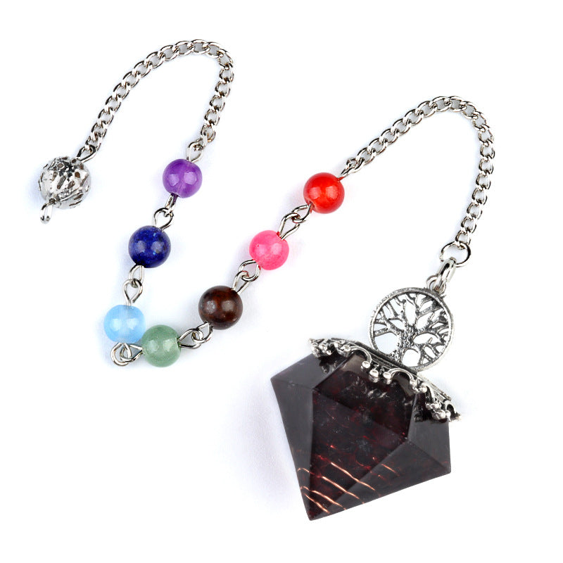 1973 - Natural Crystal Semi-Precious Stone Chip Resin Diamond Pendulum Pendant with Chakra Multicolor Bead Chain Jewelry