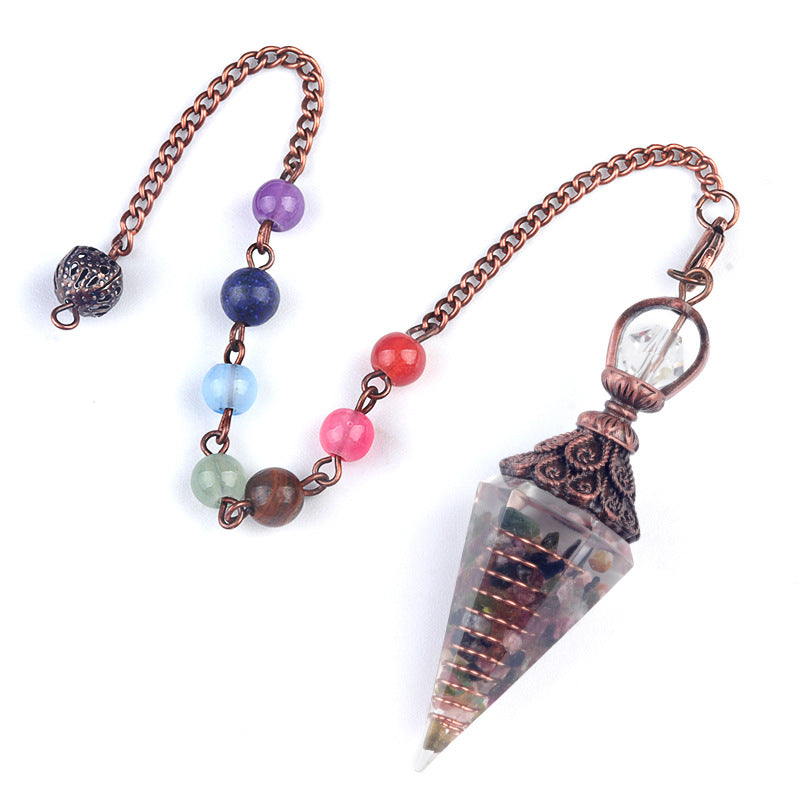 1970 – Natural Semi-precious Stone Chips Resin Hexagonal Prism Pendulum Pendant with Chakra Rainbow Bead Chain Pendant