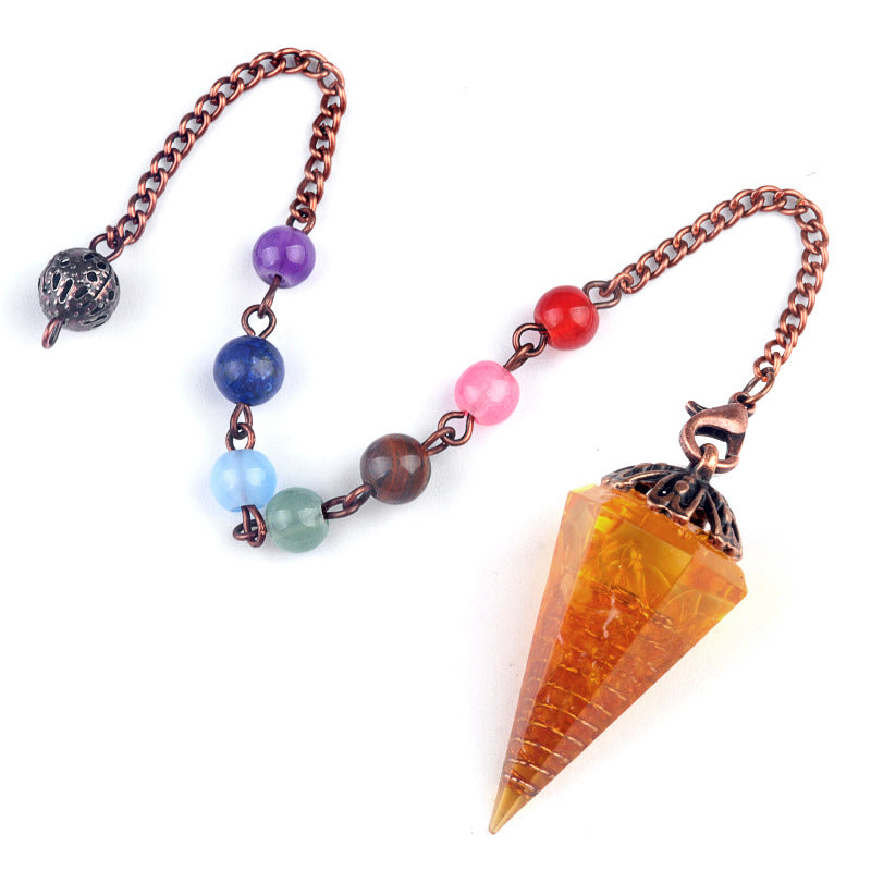 1972 - Natural Crystal Chip Resin Hexagonal Prism Flower Base Pendulum Pendant with Chakra Rainbow Beads Yoga Jewelry