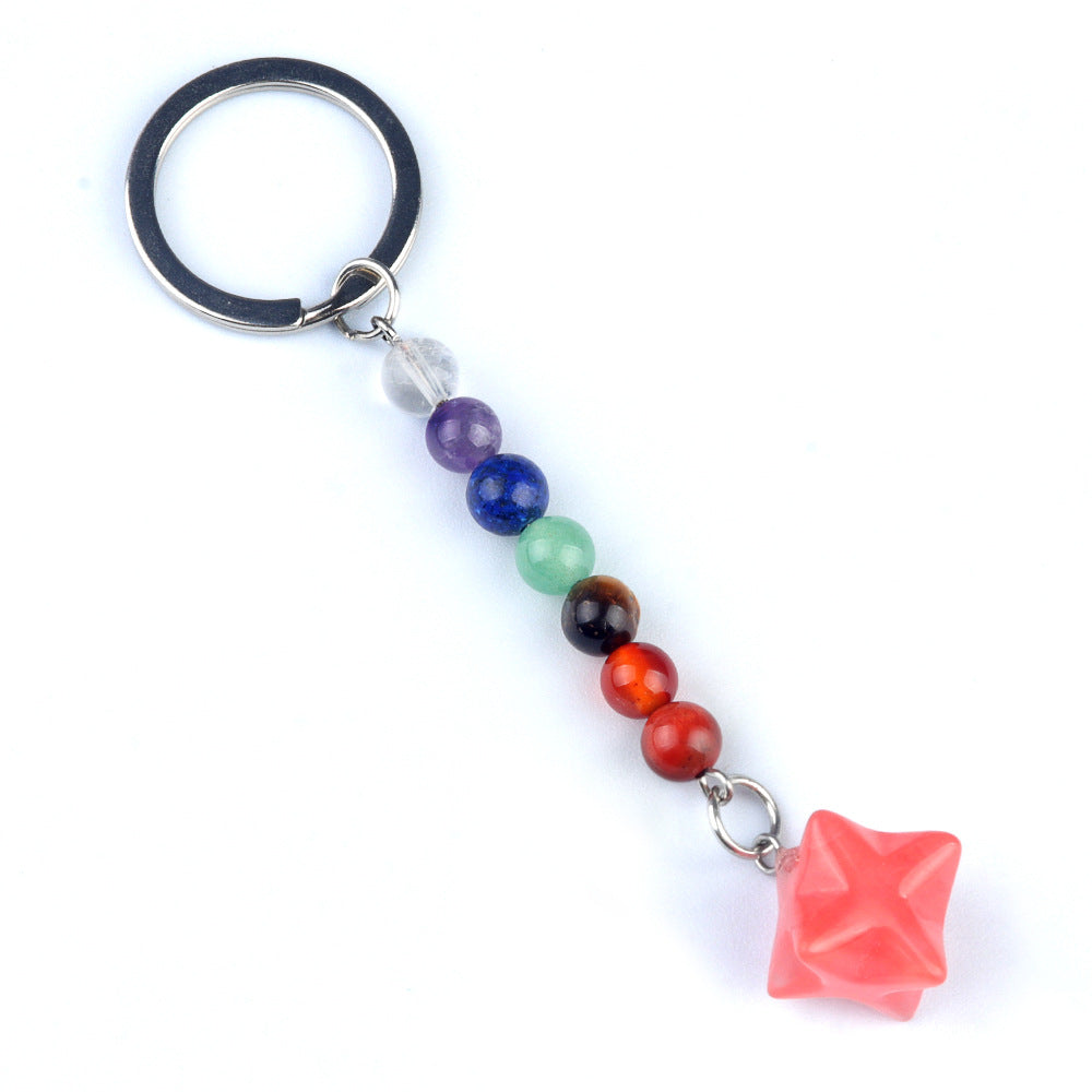 1937-Natural crystal agate colorful stone Kaba star keychain Merkaba star three-dimensional six-pointed star pendant