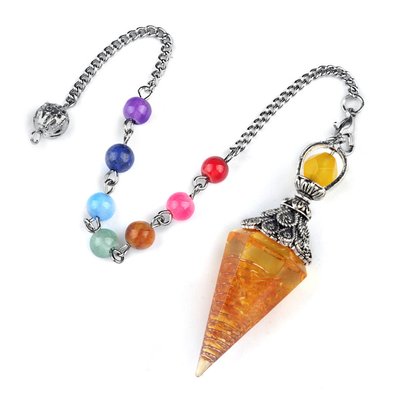 1971 - Natural Semi-Precious Stone Chip Resin Hexagonal Prism Pendulum Pendant Chakra Rainbow Bead Chain Pendant