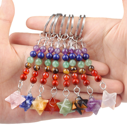 1937-Natural crystal agate colorful stone Kaba star keychain Merkaba star three-dimensional six-pointed star pendant