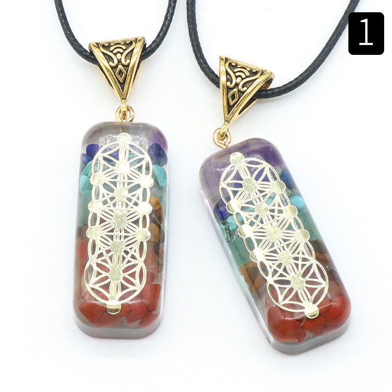 1108-Natural crystal colorful stone resin rectangular pendant Chakra yoga colorful gravel aogen necklace