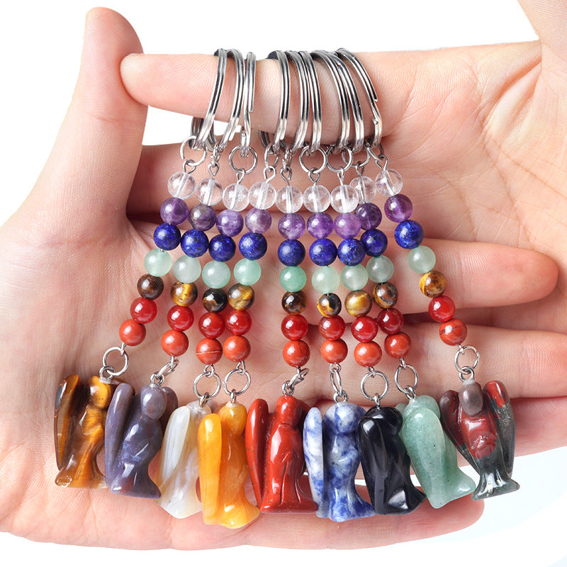 1715-Chakra Angel Keychain Natural Semi-precious Stone Carved Angel Keychain Guardian Angel Pendant