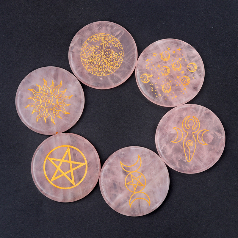 1658-55mm natural pink crystal disc energy stone base carved tree of life star moon stone small ornaments