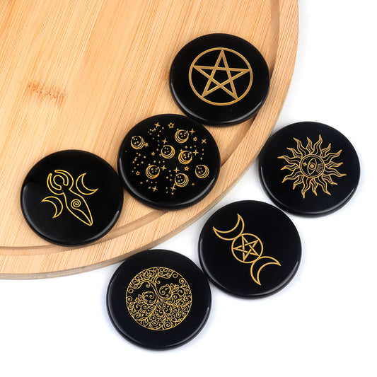 1771-Obsidian 55mm round flat carved tree of life star moon stone energy pad DIY craft ornaments