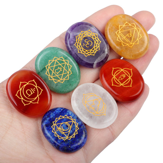 1773-7pcs per set Seven Vein Stone Oval Natural Crystal Agate Yoga Stone Colorful Crystal Engraved Character Stone