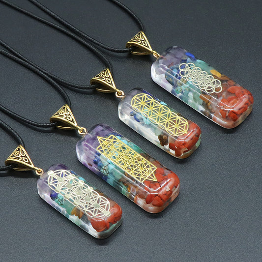 1108-Natural crystal colorful stone resin rectangular pendant Chakra yoga colorful gravel aogen necklace