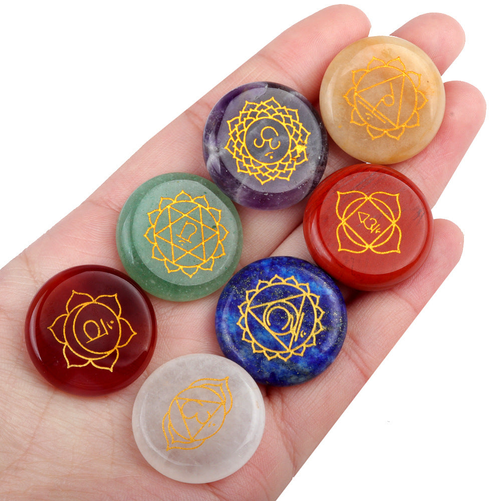 1774-7pcs per set Seven Vein Stone Round Natural Crystal Agate Yoga Stone Colorful Crystal Engraved Character Stone