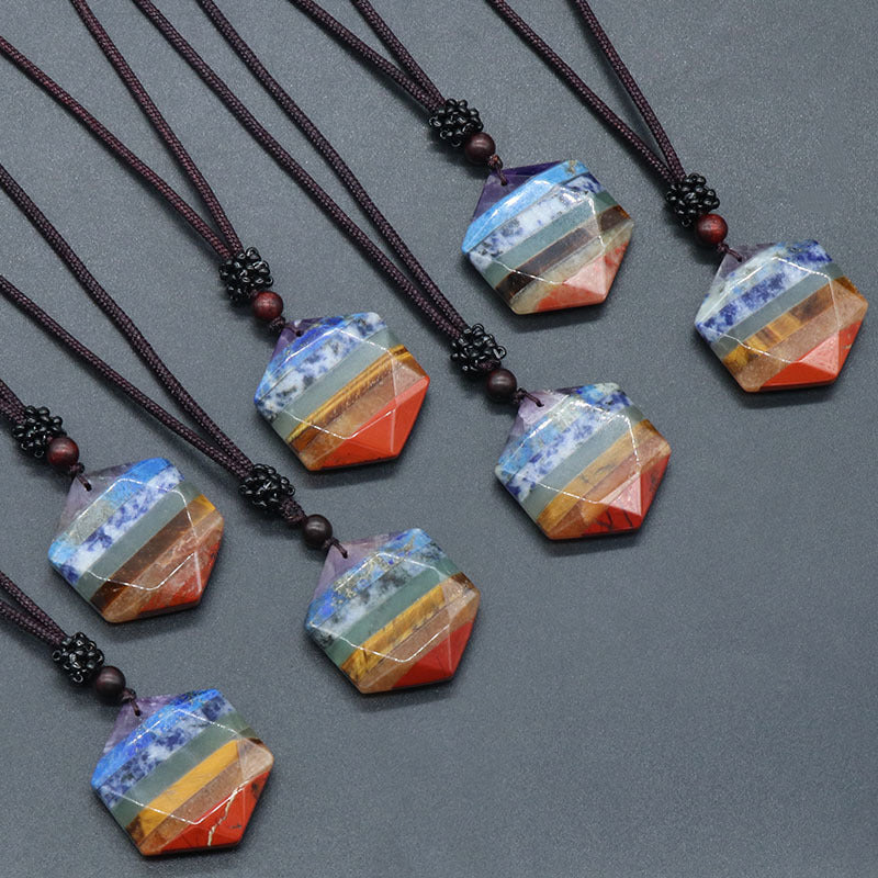 1349-Colorful stone six-pointed star necklace pendant natural crystal colorful stone splicing craft six-pointed star necklace