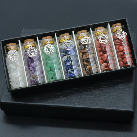 1078-chakela natural crystal gravel 7 bottles metal symbol style colorful stone box ornaments