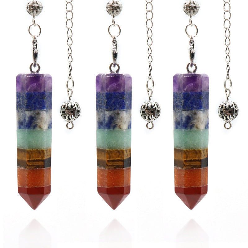 1467 - Pendulum Natural Crystal Rainbow Stone Pendulum, Rainbow Stone Hexagonal Prism with Splicing Craft Pendulum Pendant