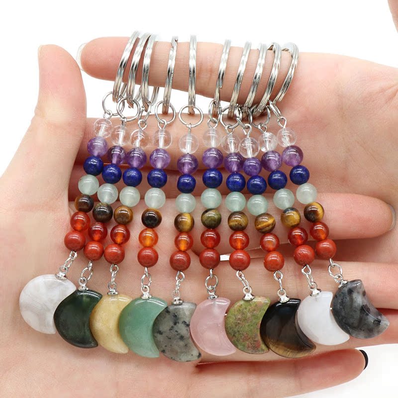 1486-Natural crystal colorful stone moon keychain bag pendant ornaments chakra keychain wholesale