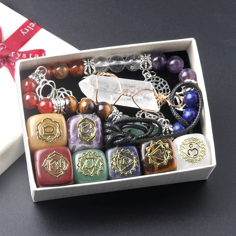 1619-Seven Veins Stone Cube Yoga Symbol Yoga Bracelet Crystal Column Necklace Combination Set Cross-border Jewelry