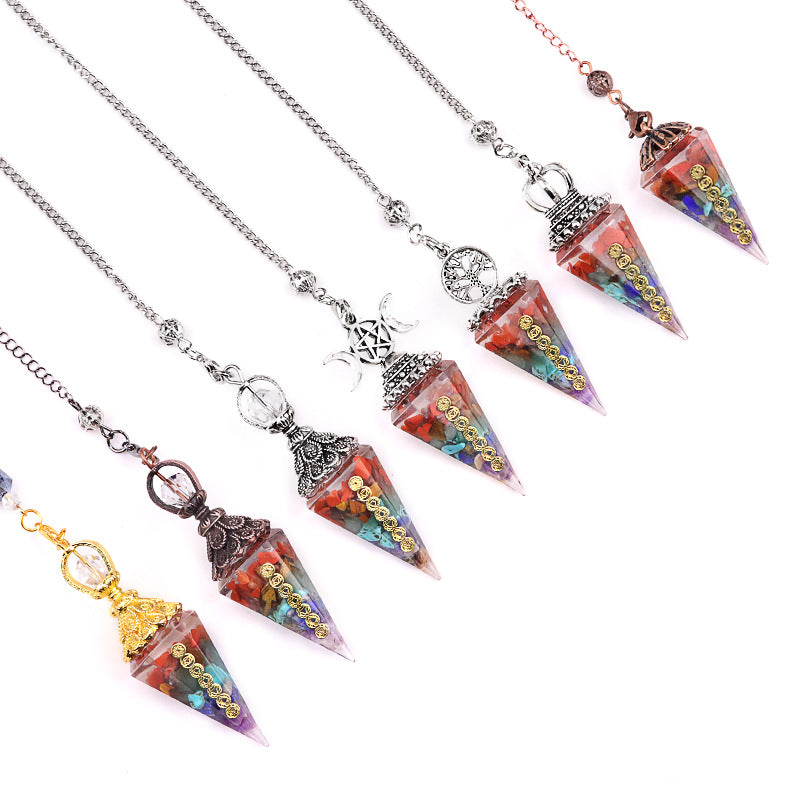 2122-Colorful natural crystal gravel pendulum bronze silver gold resin seven meridian symbol hexagonal pyramid pendulum