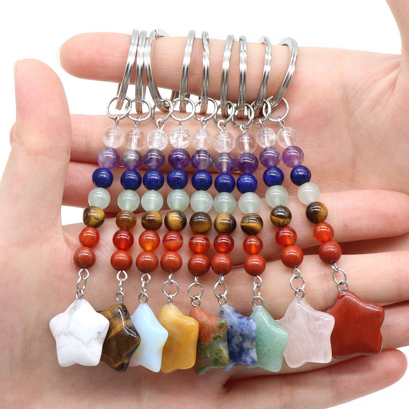 1472-Natural crystal colorful stone five-pointed star keychain pendant jewelry bag pendant diy keychain wholesale