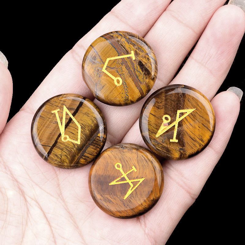 2081-Natural crystal agate stone 25mm round engraved four angel symbols southeast northwest star palace elements