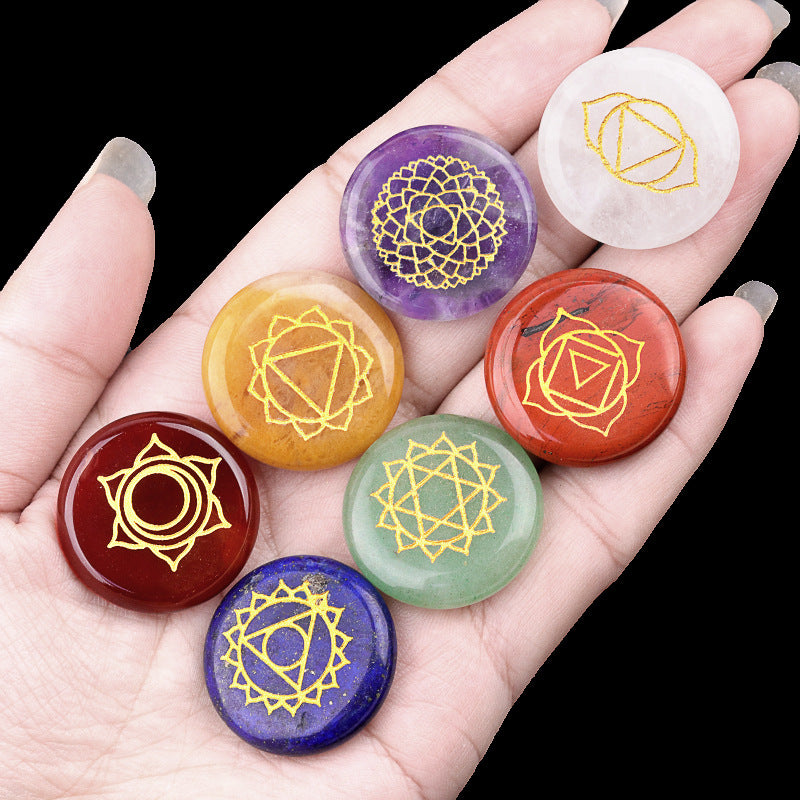 549-Natural crystal colorful stone round piece yoga stone 7 pieces velvet bag wish Amazon cross-border hot sale