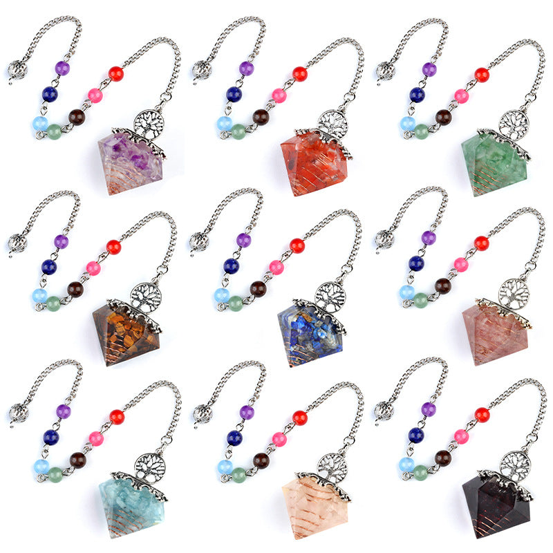 1973 - Natural Crystal Semi-Precious Stone Chip Resin Diamond Pendulum Pendant with Chakra Multicolor Bead Chain Jewelry