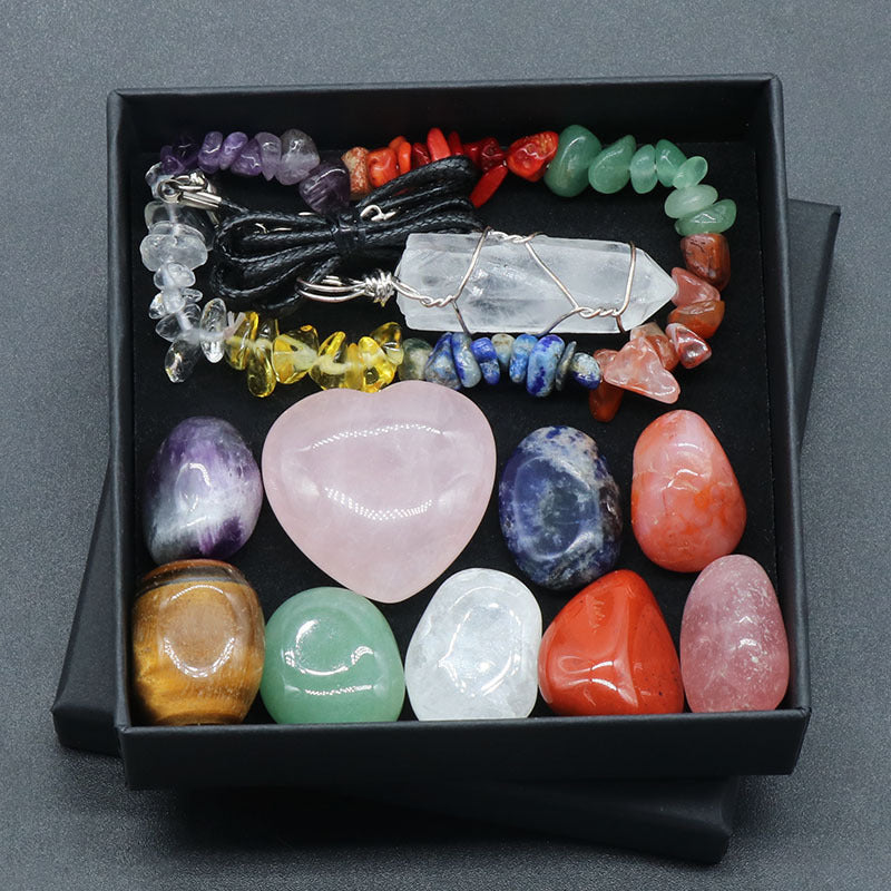 1173-Colorful stones irregular box, crushed stone bracelet, pink crystal love, white crystal raw stone column set