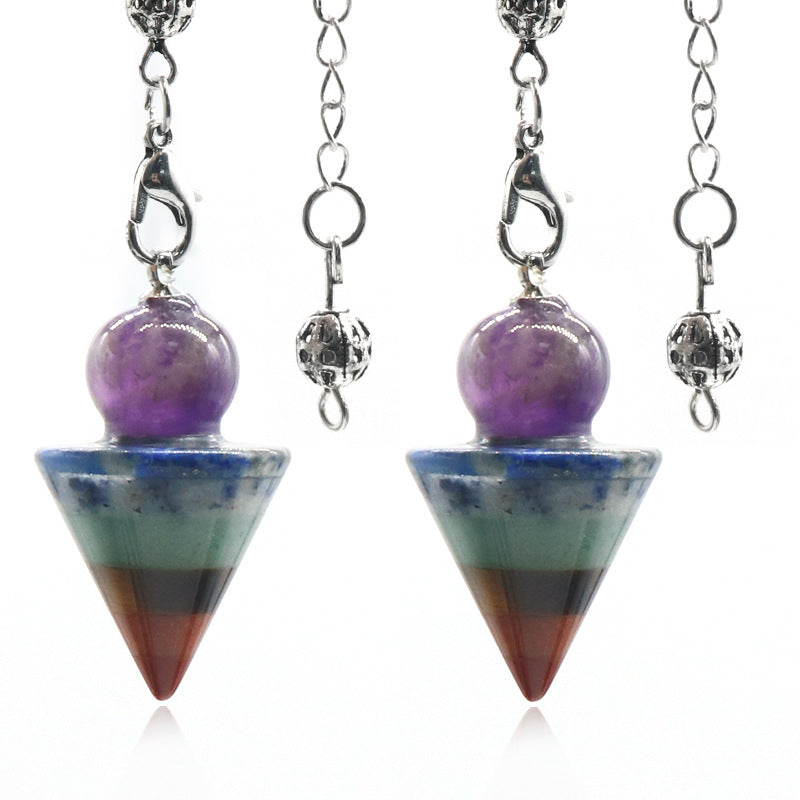 1436 - Pendulum Natural Crystal Rainbow Stone Pendulum, Gemstone Conical Pendant with Splicing Craft Pendulum Shape Pendant