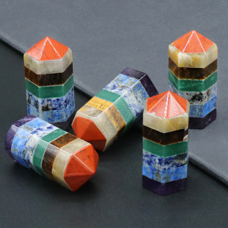 1055-Colorful hexagonal column small ornaments, natural gemstone splicing crafts, hexagonal pagoda ornaments