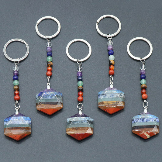 1348-Colorful Stone Hexagram Keychain Natural Crystal Colorful Stone Splicing Craft Chakra Keychain