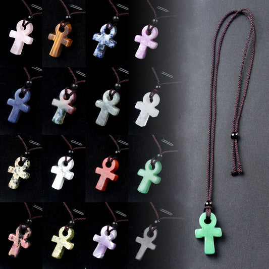 1632-Crystal Agate Ankh Cross Necklace Egyptian Life Symbol Stone Necklace Cross-border Supply