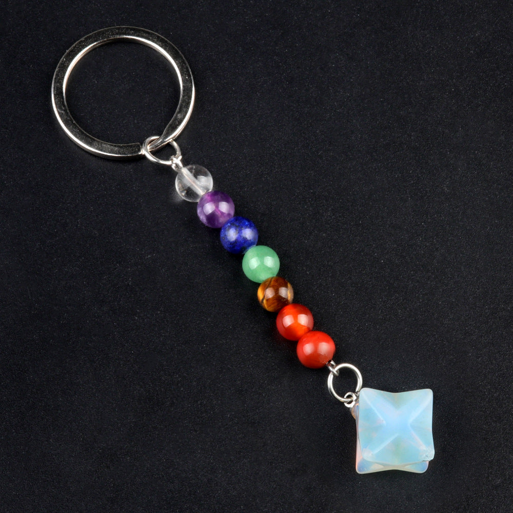 1937-Natural crystal agate colorful stone Kaba star keychain Merkaba star three-dimensional six-pointed star pendant