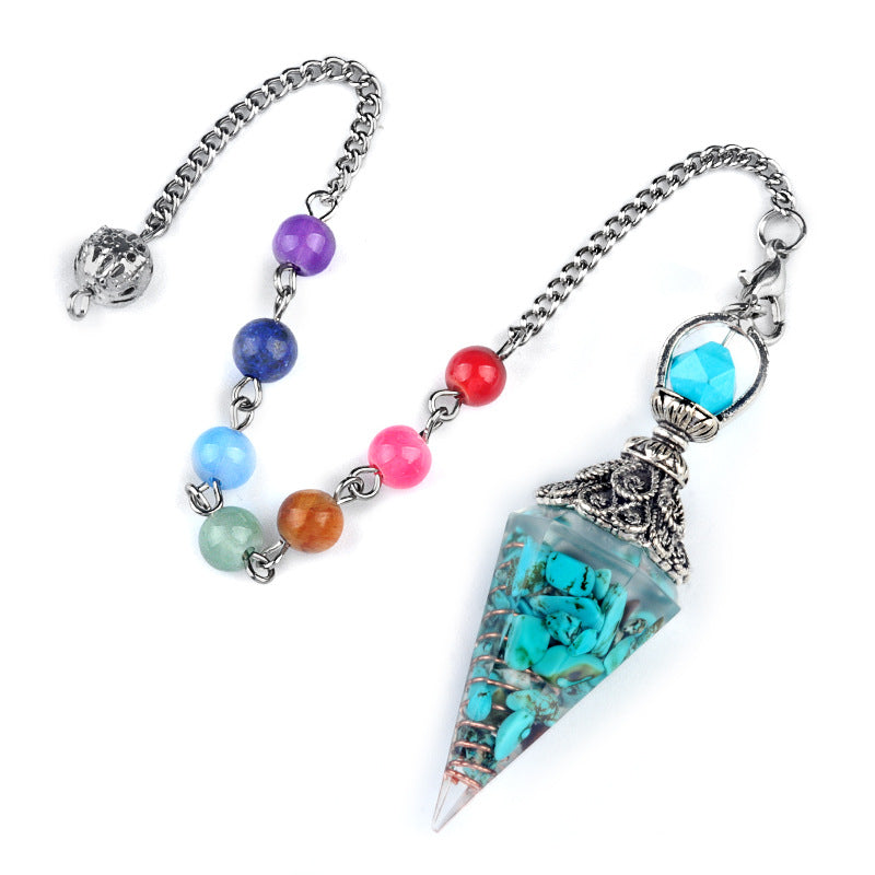 1971 - Natural Semi-Precious Stone Chip Resin Hexagonal Prism Pendulum Pendant Chakra Rainbow Bead Chain Pendant