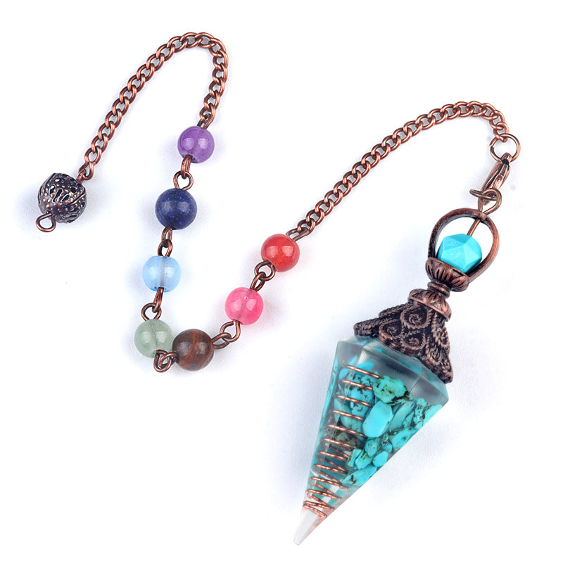 1970 – Natural Semi-precious Stone Chips Resin Hexagonal Prism Pendulum Pendant with Chakra Rainbow Bead Chain Pendant