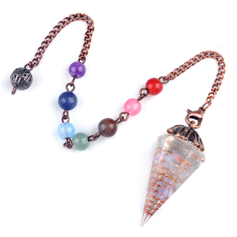 1972 - Natural Crystal Chip Resin Hexagonal Prism Flower Base Pendulum Pendant with Chakra Rainbow Beads Yoga Jewelry