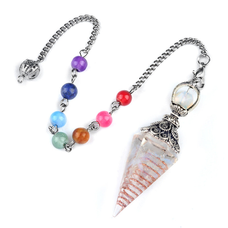 1971 - Natural Semi-Precious Stone Chip Resin Hexagonal Prism Pendulum Pendant Chakra Rainbow Bead Chain Pendant