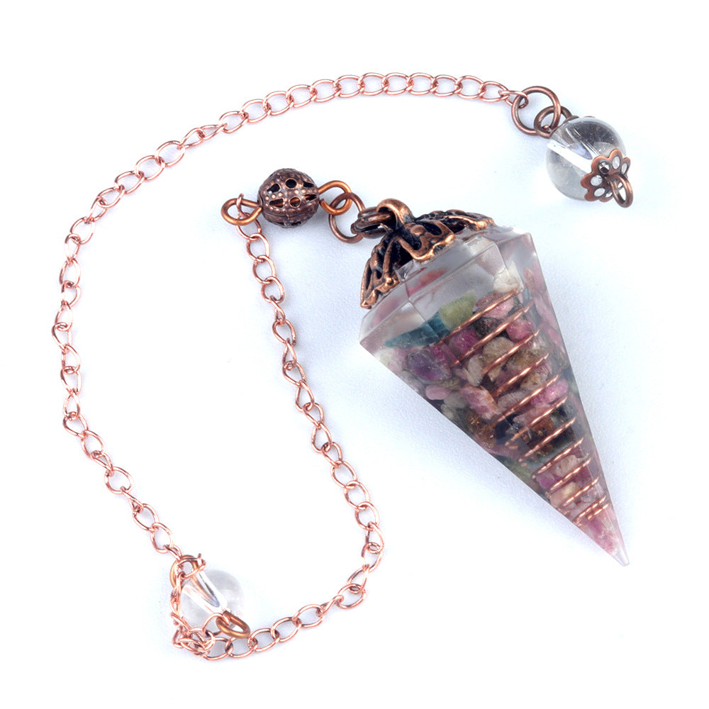 1697 - Rainbow Crystal Pendulum with Antique Copper Flower Base, Natural Stone Resin Spring Hexagonal Prism Pendulum