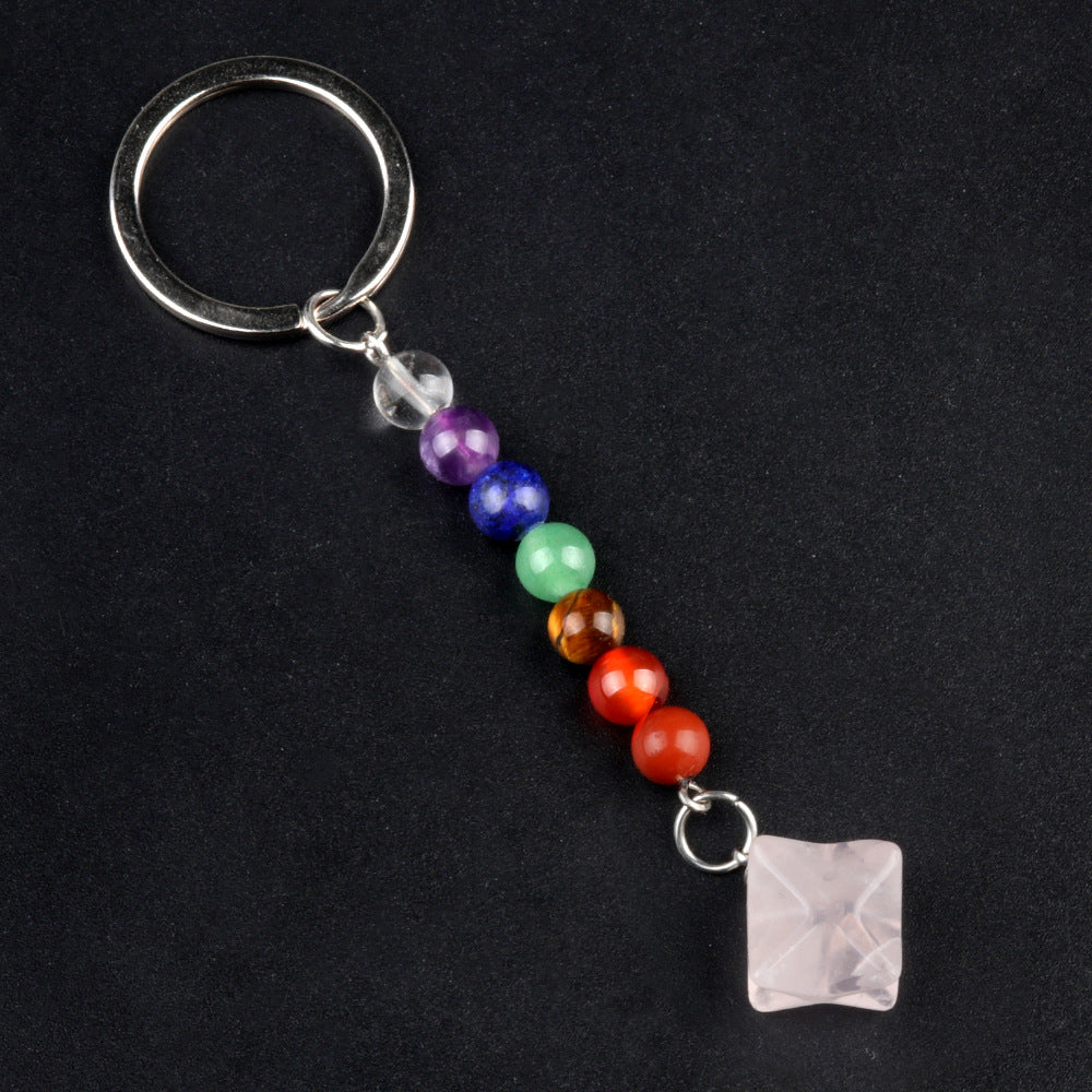 1937-Natural crystal agate colorful stone Kaba star keychain Merkaba star three-dimensional six-pointed star pendant