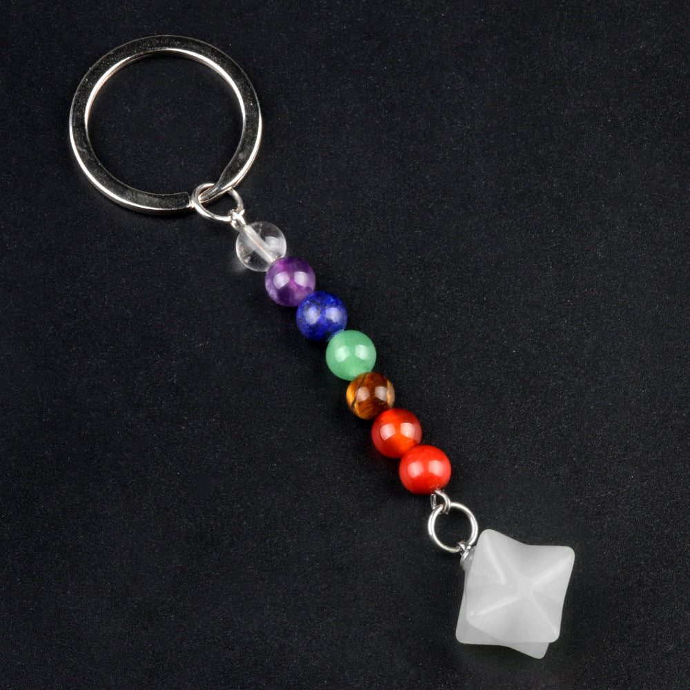 1937-Natural crystal agate colorful stone Kaba star keychain Merkaba star three-dimensional six-pointed star pendant