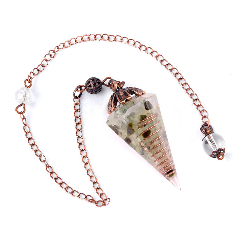 1697 - Rainbow Crystal Pendulum with Antique Copper Flower Base, Natural Stone Resin Spring Hexagonal Prism Pendulum