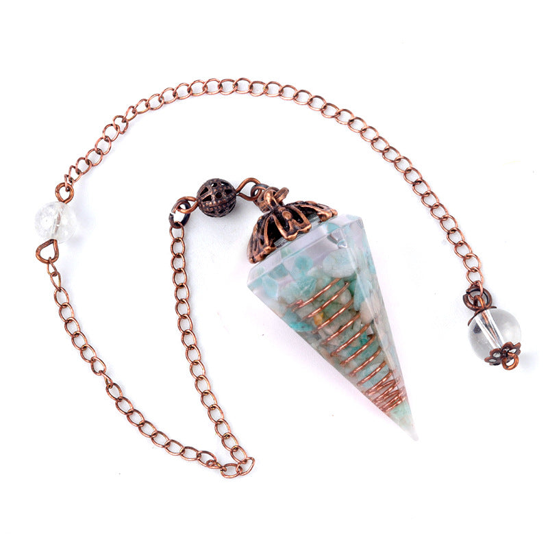 1697 - Rainbow Crystal Pendulum with Antique Copper Flower Base, Natural Stone Resin Spring Hexagonal Prism Pendulum