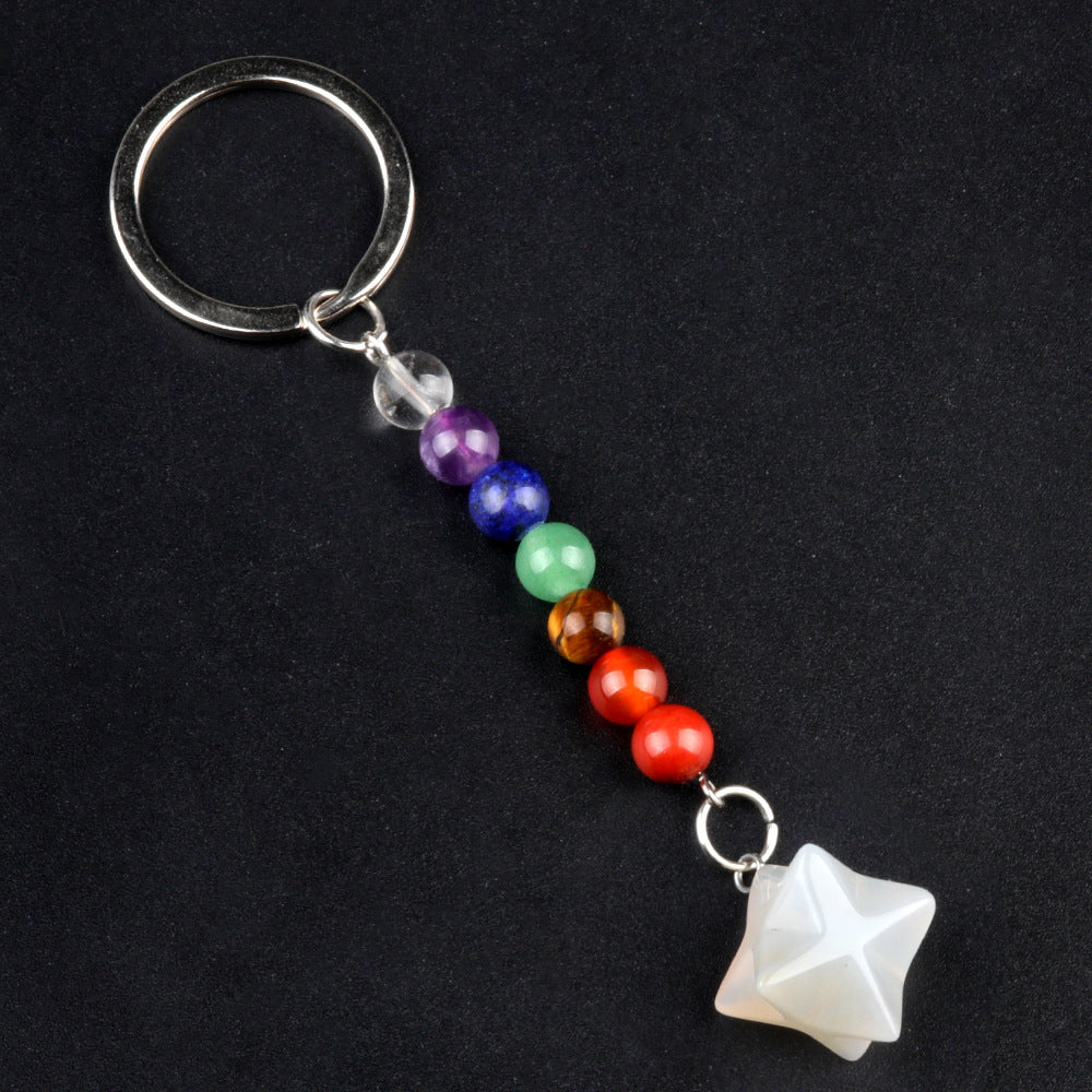 1937-Natural crystal agate colorful stone Kaba star keychain Merkaba star three-dimensional six-pointed star pendant